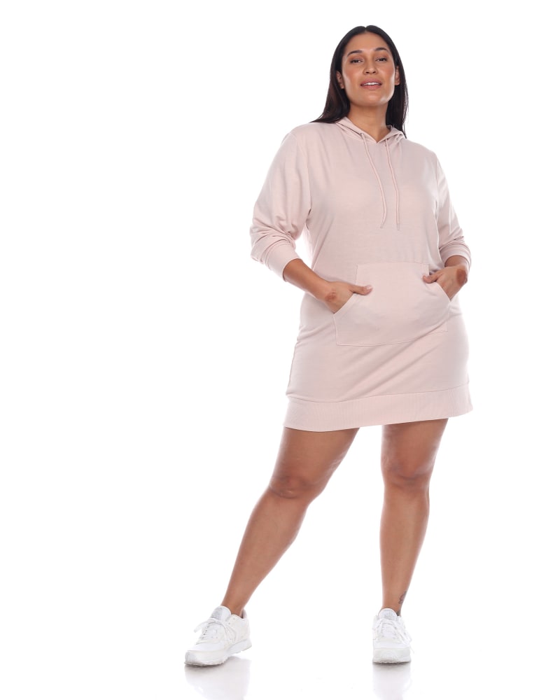 Front of a model wearing a size 2X Hoodie Sweatshirt Dress in Beige by White Mark. | dia_product_style_image_id:247494